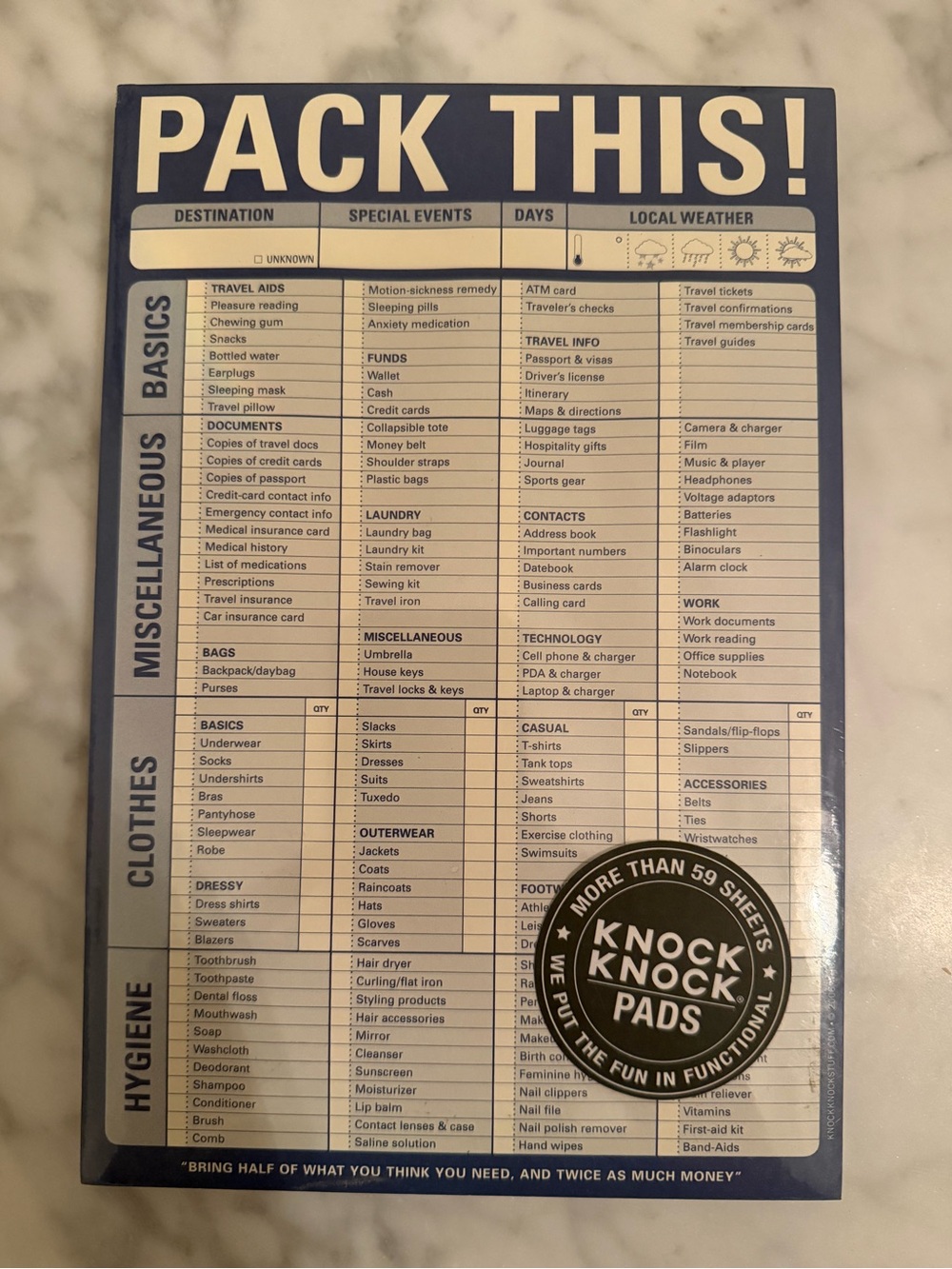 Knock Knock Blue Travel Packing Checklist Notepad - New in the package